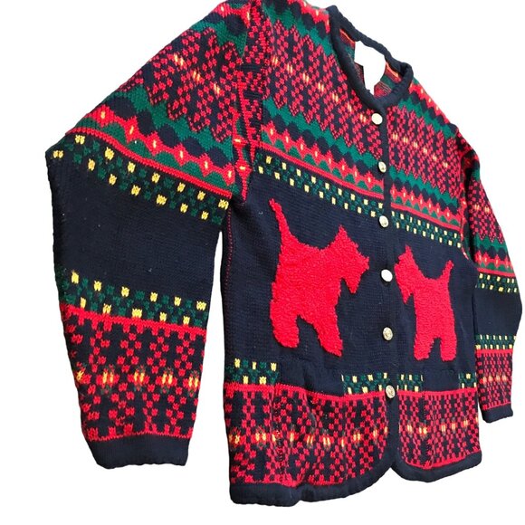 Vtg Tally-Ho Scotty Terrier Dog Cardigan Sweater Button Front Red Black Medium - Picture 2 of 12